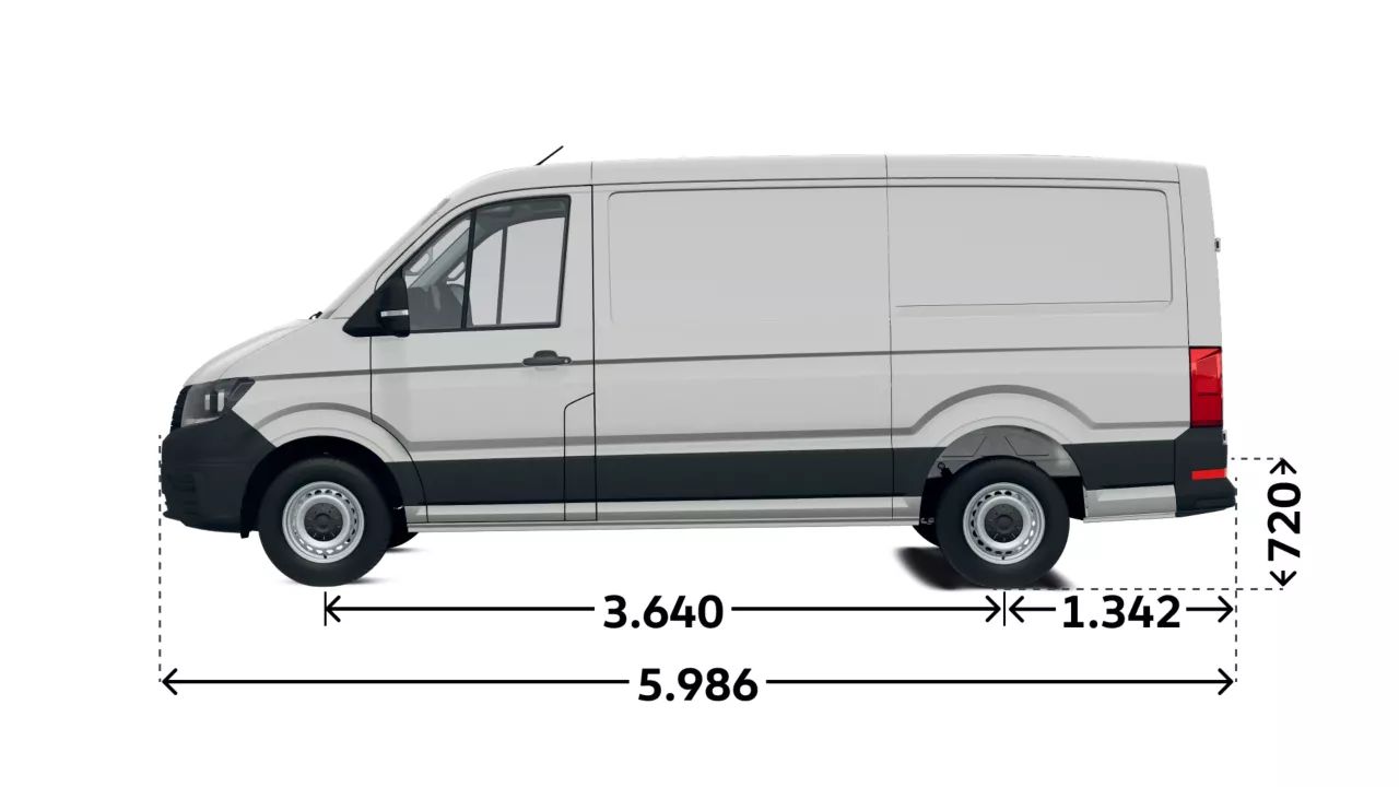 VW Crafter Seitenansicht mit Maßangaben. Gesamtlänge 5.986 mm Radstand 3.640 mm Überhang 1.342 mm Höhe Boden bis Laderaum 720 mm