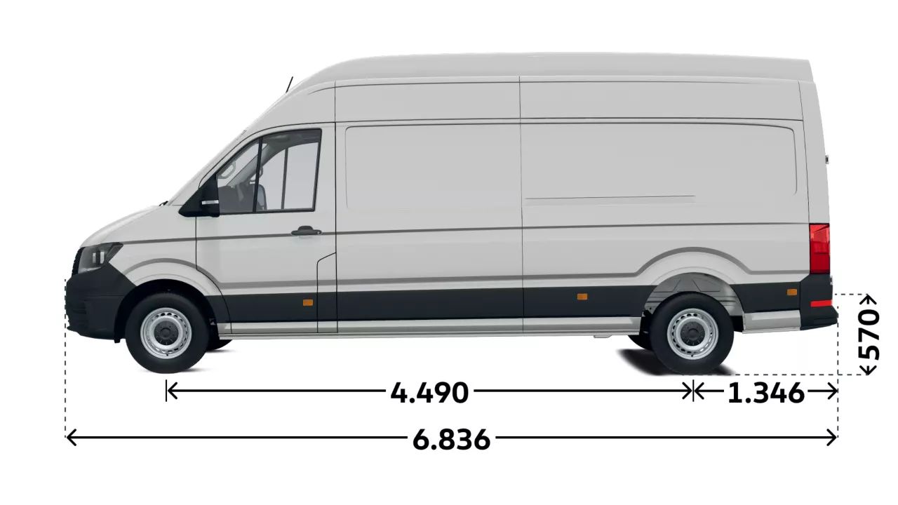 VW Crafter Superhochdach Seitenansicht mit Maßangaben: Gesamtlänge 6.839 mm Radstand 4.490 mm Überhang 1.346 mm Höhe Boden zu Ladefläche 570 mm