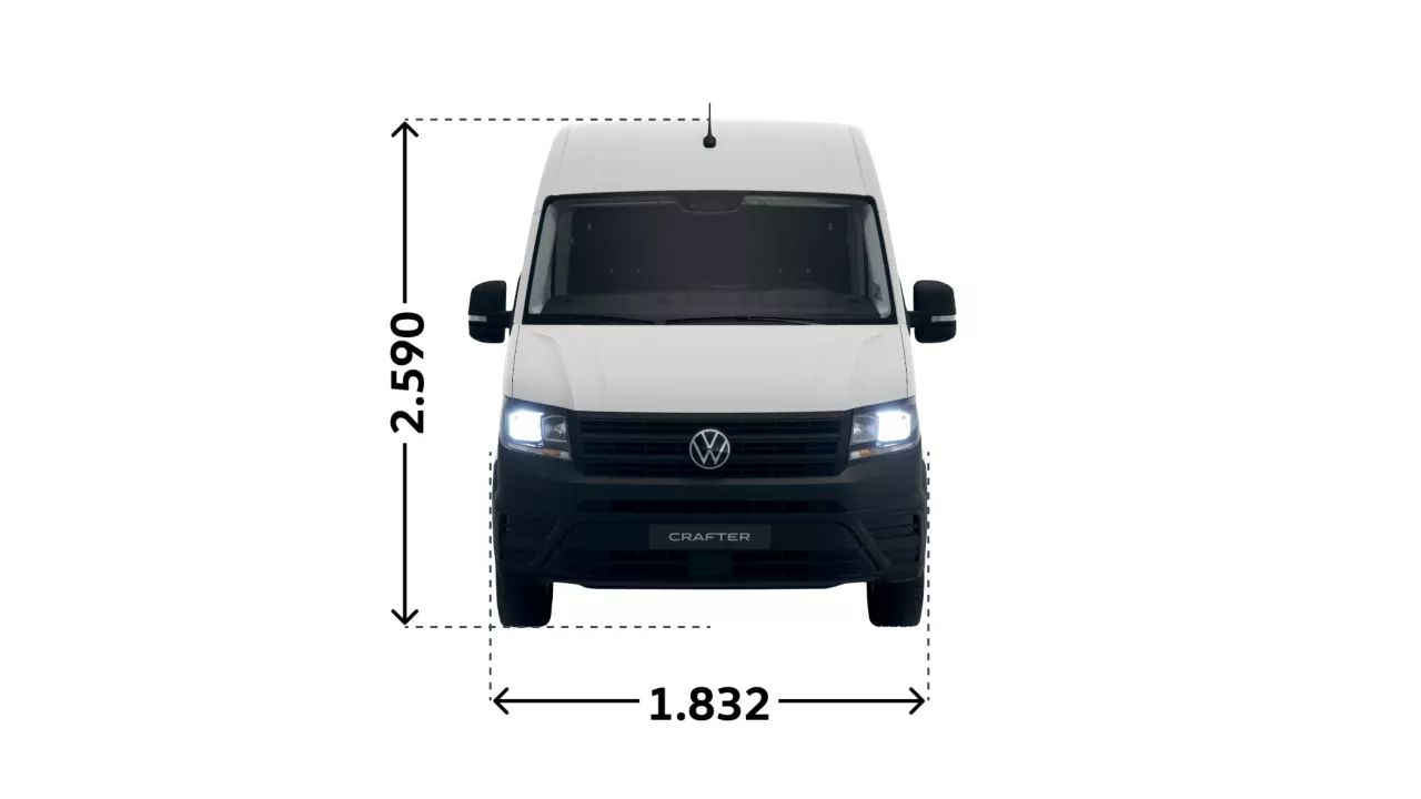 VW Crafter Vorderansicht mit Maße: Höhe 2.590 cm und breite 1.832 cm