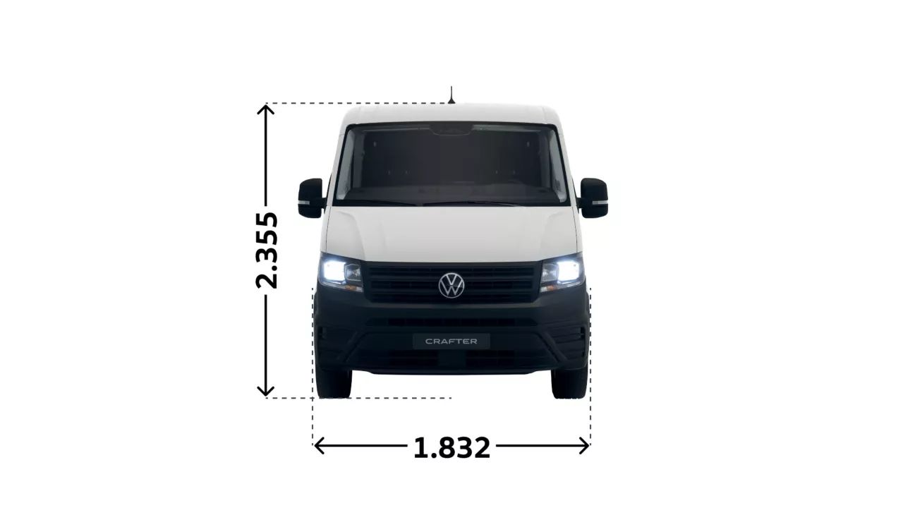 weißer VW Crafter Vorderansicht mit Maßen: Höhe 2.626 mm Breite 1.832