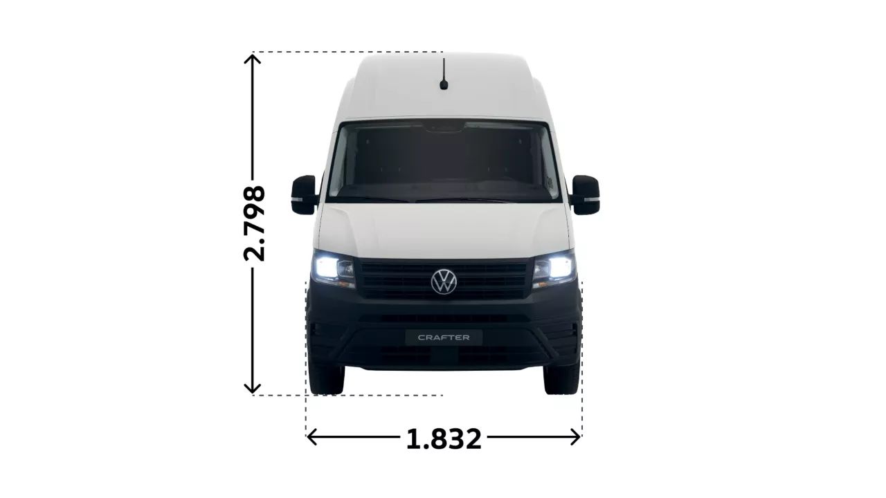 VW Crafter Superhochdach Vorderansicht mit Maße, Höhe 2.830 mm Breite 1.832 mm