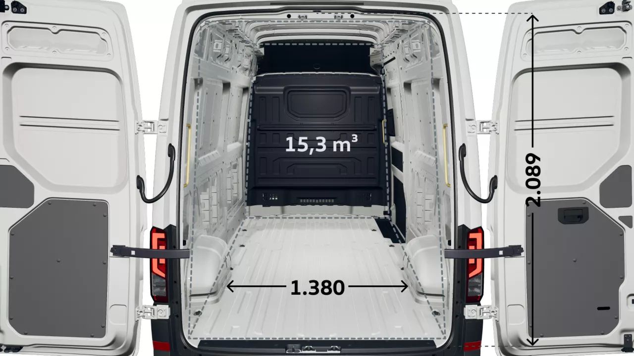 VW Carfter Hinterseite mit geöffneten Hecktüren und Maßangaben: Volumen 15,3 m³ Innenraum Breite 1.380 mm Höhe 2.089 mm