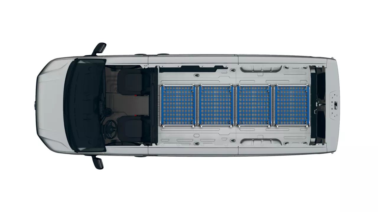 VW Crafter mit Ansicht von oben und offenem Dach damit die Ladefläche ersichtlich ist. Vier Rollcontainer haben platz.