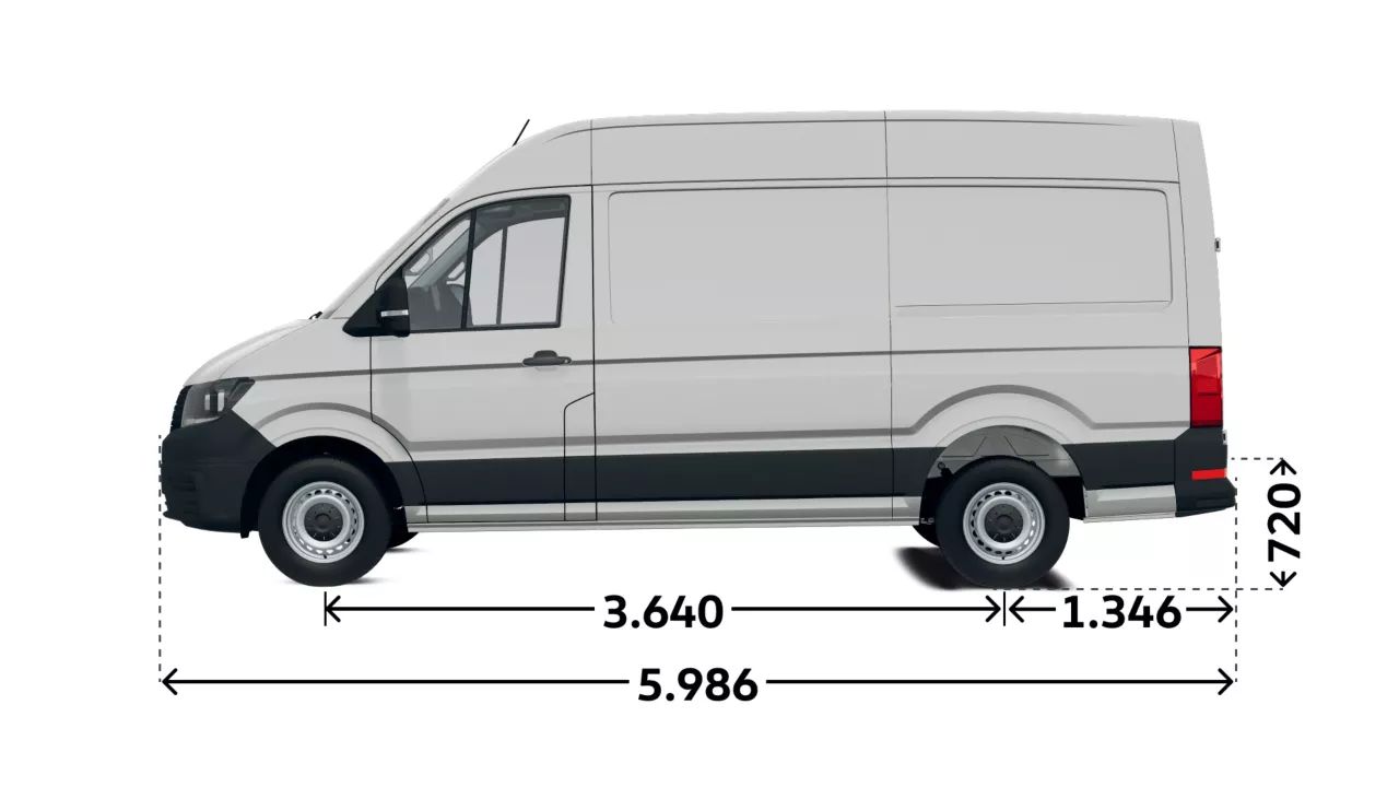 VW Crafter Hochdach Seitenansicht mit Maße: Gesamte Länge 5.986 mm Radstand 3.640 mm Überhang 1.346 mm Höhe 720 mm