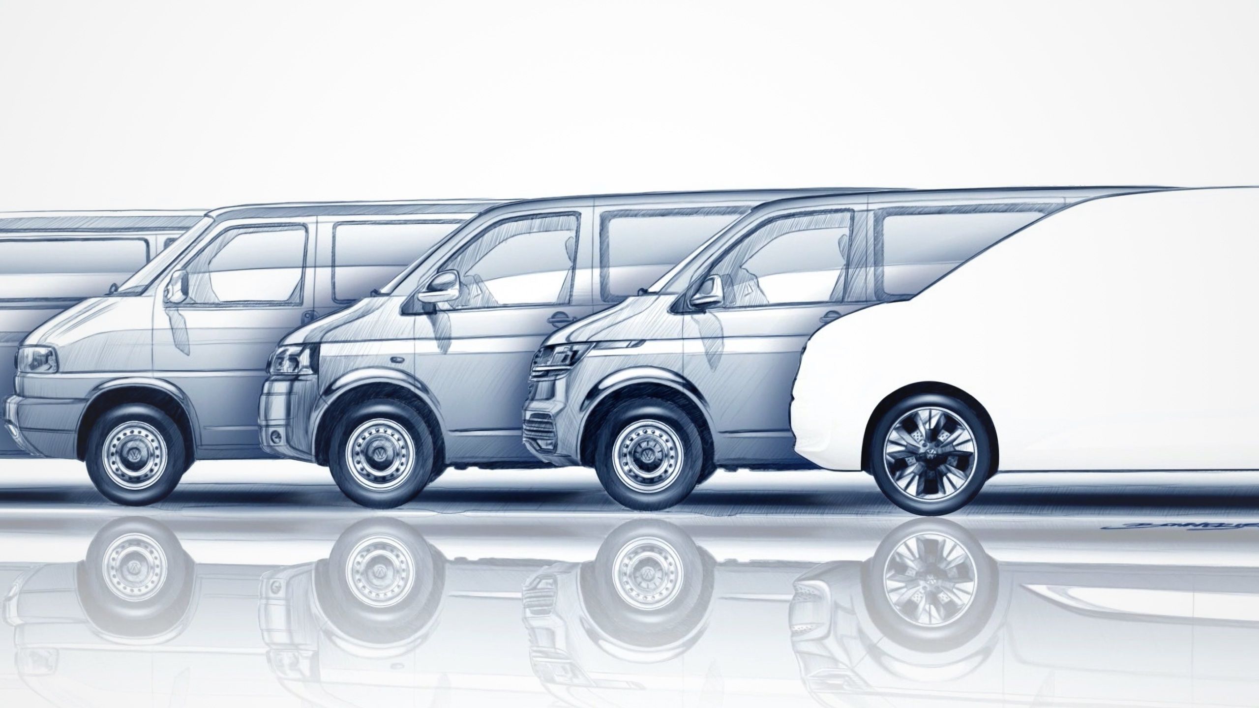Eine Zeichnung der Evolution des Volkswagen Multivans.