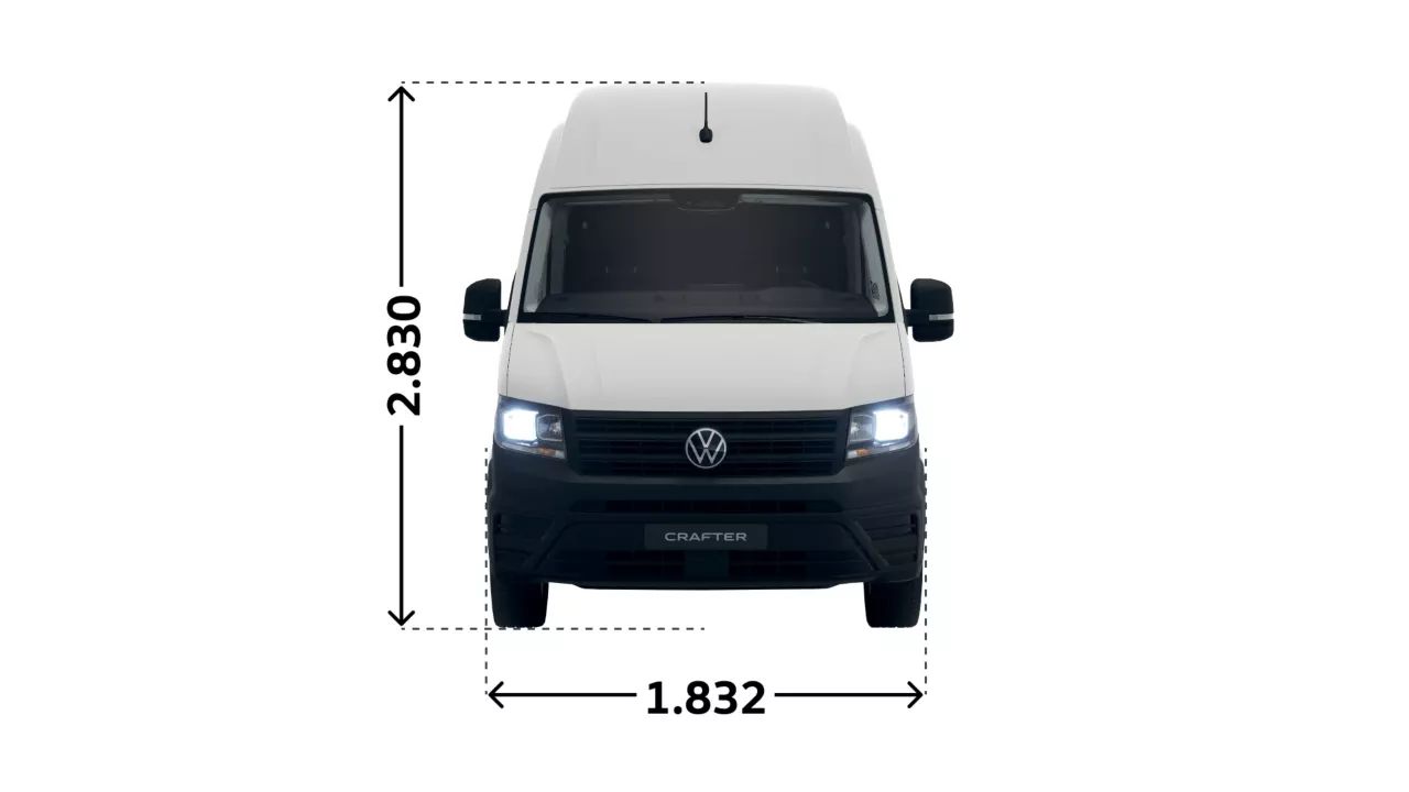 VW Crafter Superhochdach Vorderansicht mit Maße, Höhe 2.830 mm Breite 1.832 mm