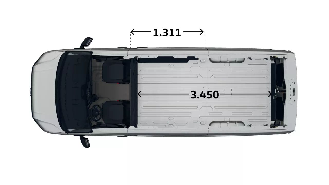 VW Crafter von oben, mit geöffneten Dach und Maßangaben Innenraum Länge 3.450 mm Breite Schiebetüre 1.311 mm