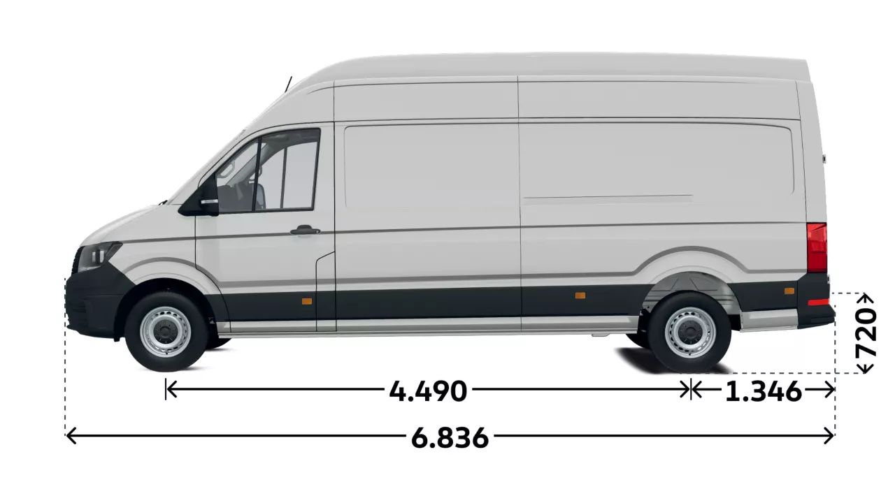 VW Crafter Superhochdach Seitenansicht mit Maßangaben: Gesamtlänge 6.839 mm Radstand 4.490 mm Überhang 1.346 mm Höhe Boden zu Ladefläche 570 mm